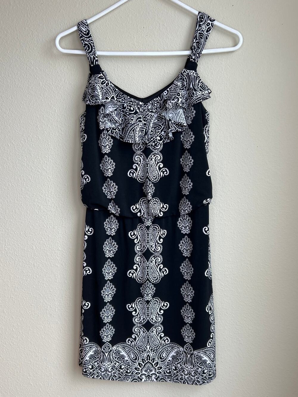 White House Black Market Paisley Print Ruffle Sleeveless Blouson Dress XXS